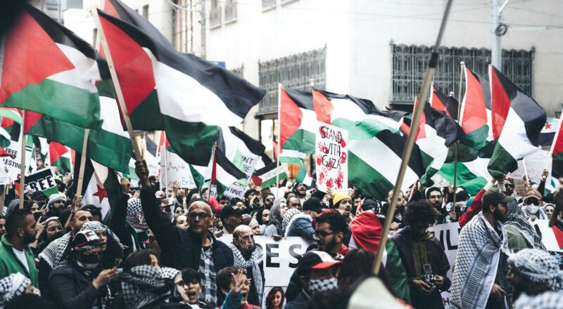 crowd of protesters with palestinian flags