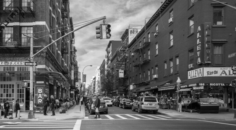 black and white street view of little italy new york